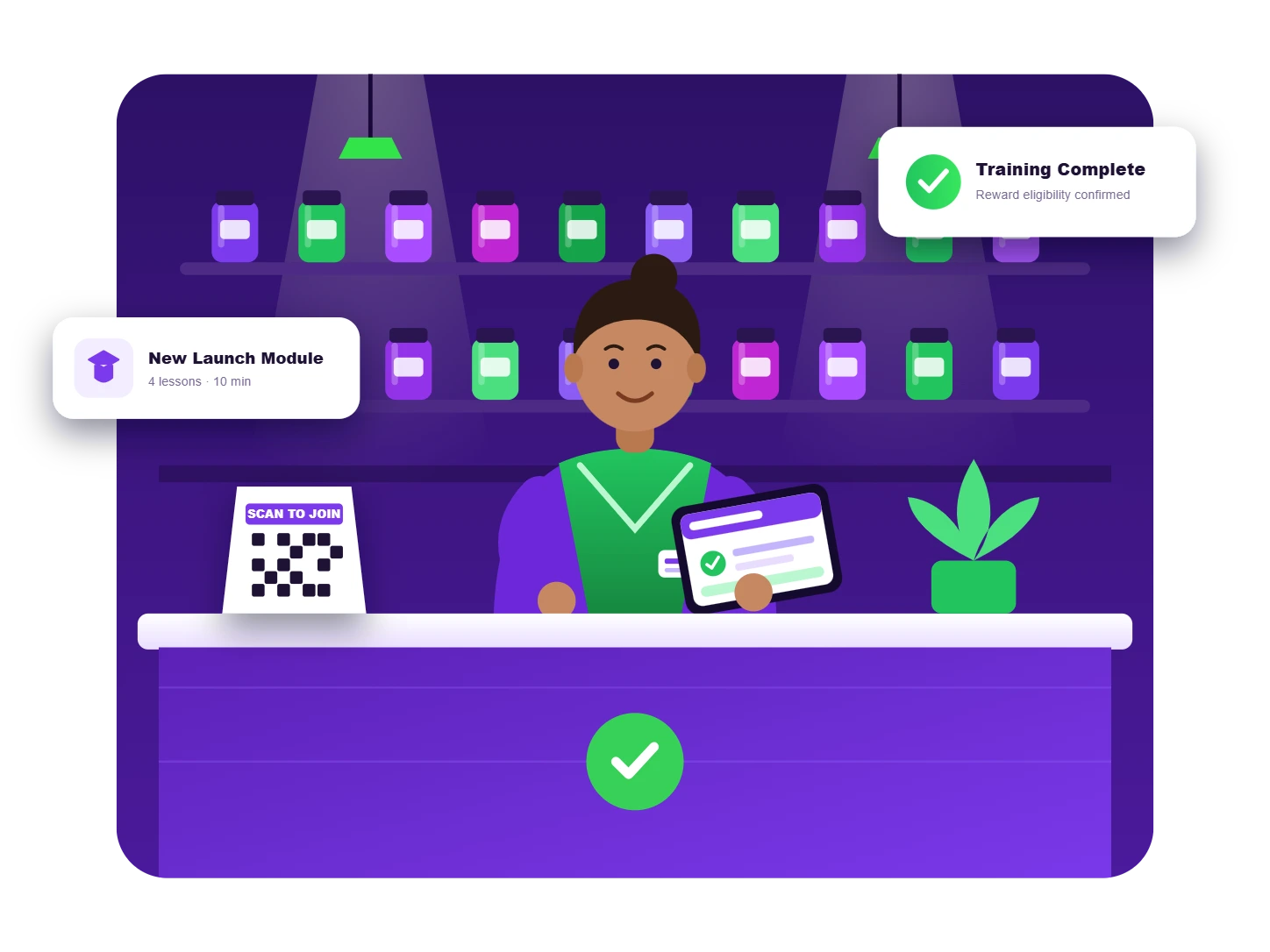 Illustrated budtender at a dispensary counter completing a product training module on a tablet